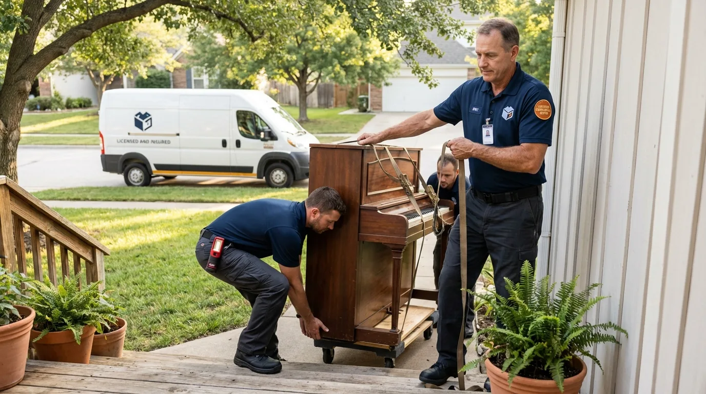 Licensed piano movers securing grand piano in Williamston, MI