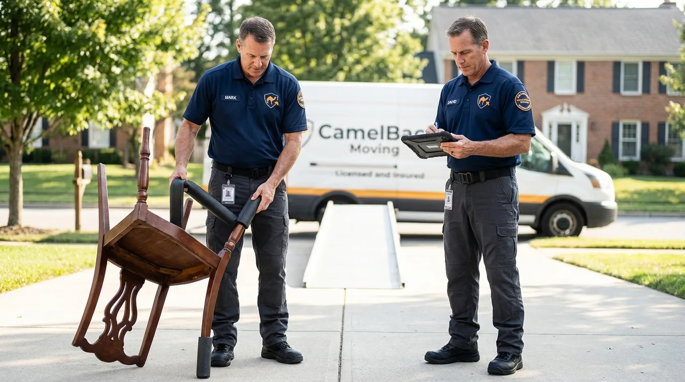 Movers inspecting furniture for damage prevention before loading in Williamston, MI