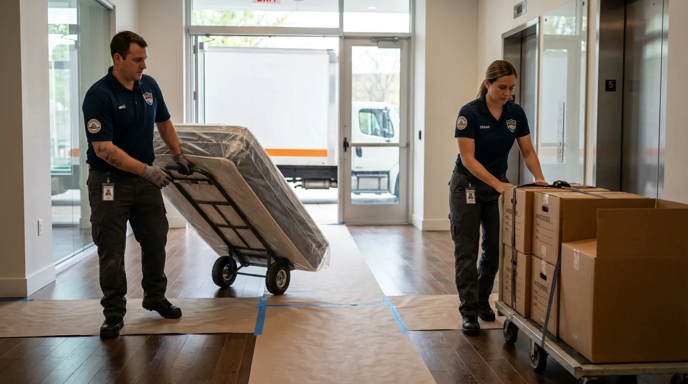 Professional apartment movers loading elevator in Williamston, MI
